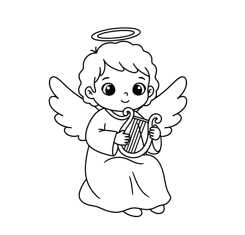 Aniołek z harfą - kolorowanka do druku