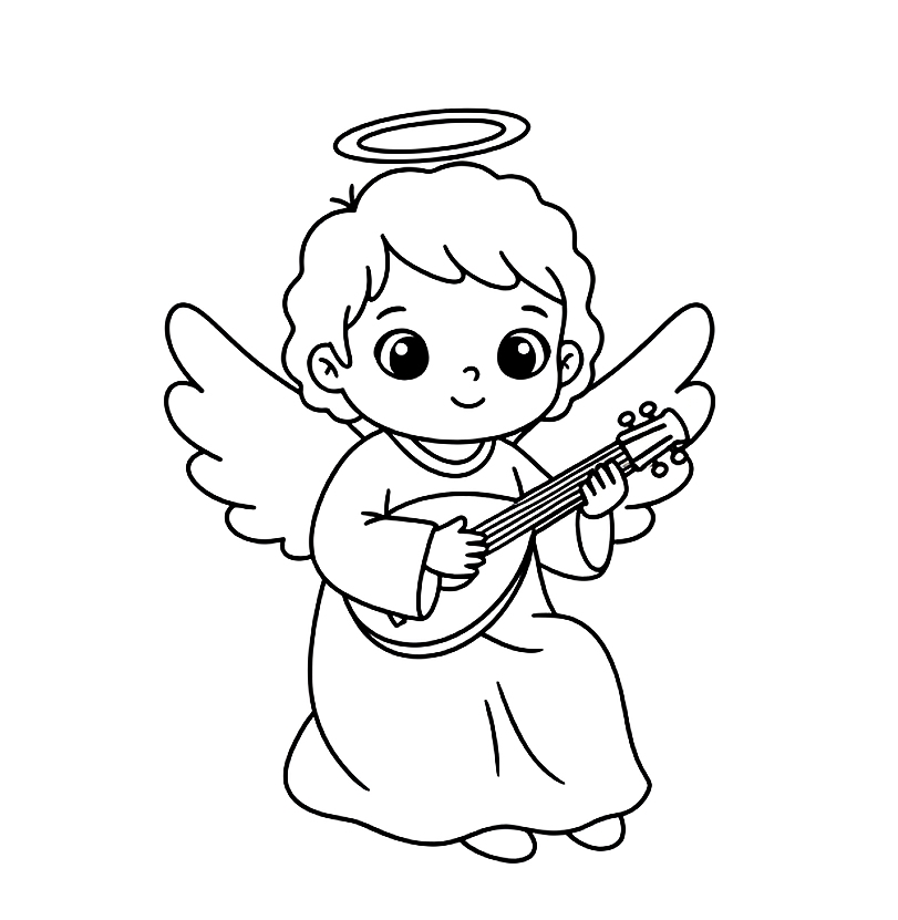 Aniołek z lutnią - kolorowanka do druku