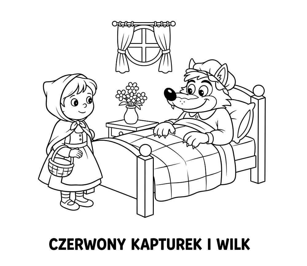 Czerwony Kapturek i wilk - kolorowanka do druku