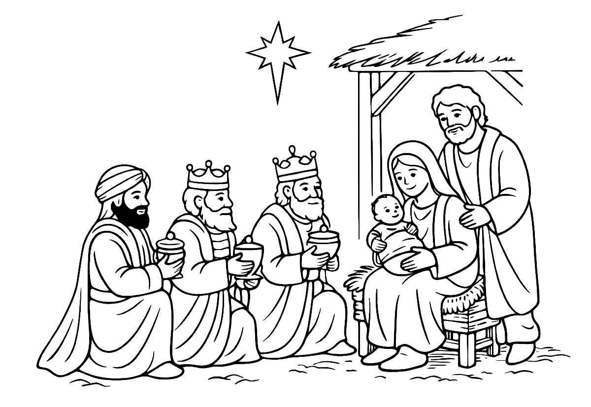 Pokłon Trzech Króli - kolorowanka do druku