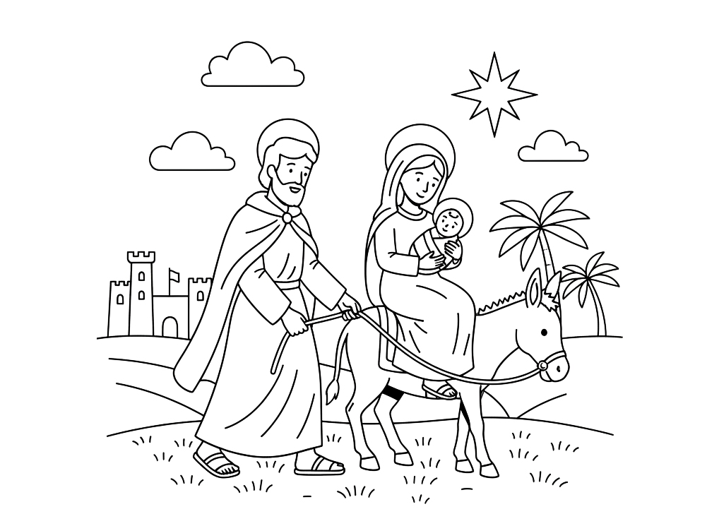 Ucieczka Świętej Rodziny do Egiptu - kolorowanka do druku
